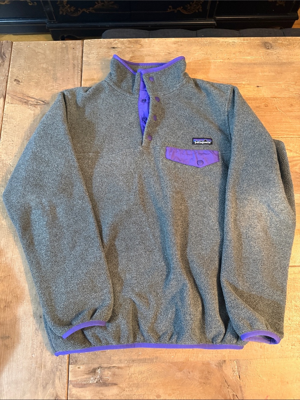 Patagonia Men’s Gray Fleece Zip Pullover with Purple Trim